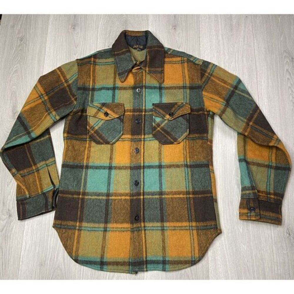Vintage Sears Put On Shop Jacket Men 36 Wool‎ Brown Windowpane Plaid Shacket 60s